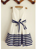 Ivory Taffeta Navy Blue Stripes Flower Girl Dress